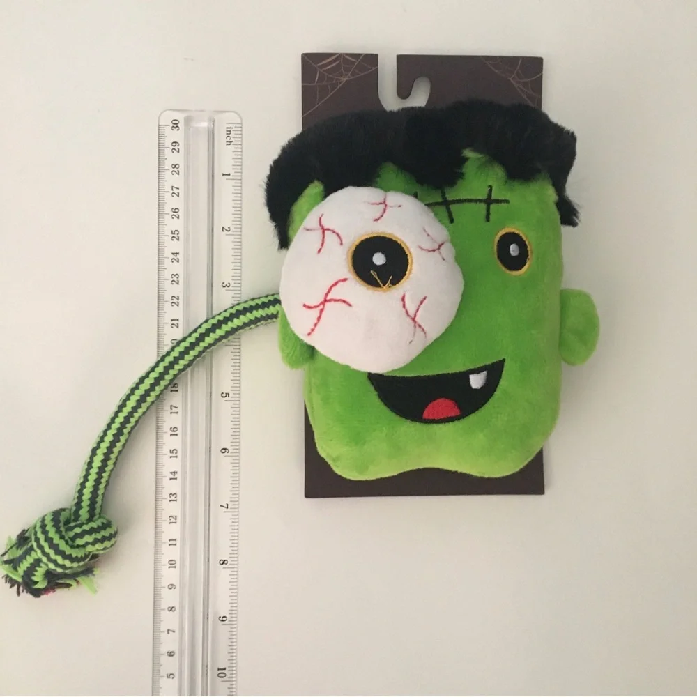 Dog Toy Green Frankenstein Plush with Rope and Eyeball Squeaker NEW